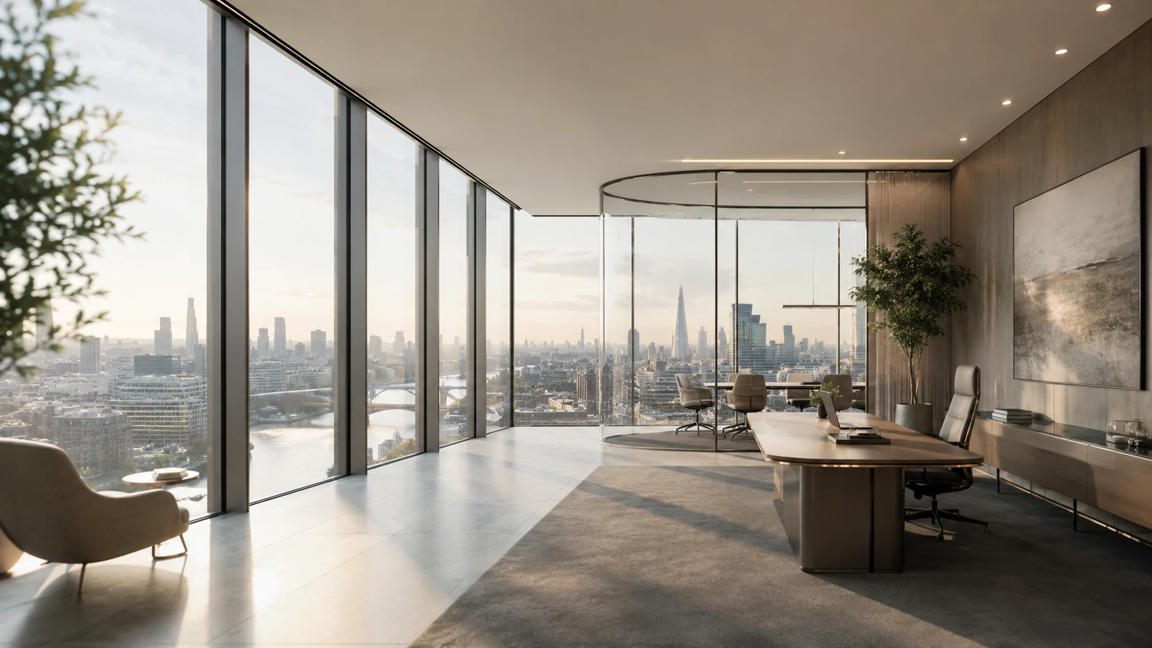 A modern Harrogate business office overlooking a city skyline