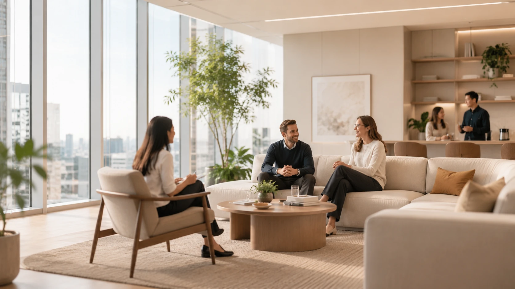 A relaxed client discussion in a bright modern workspace