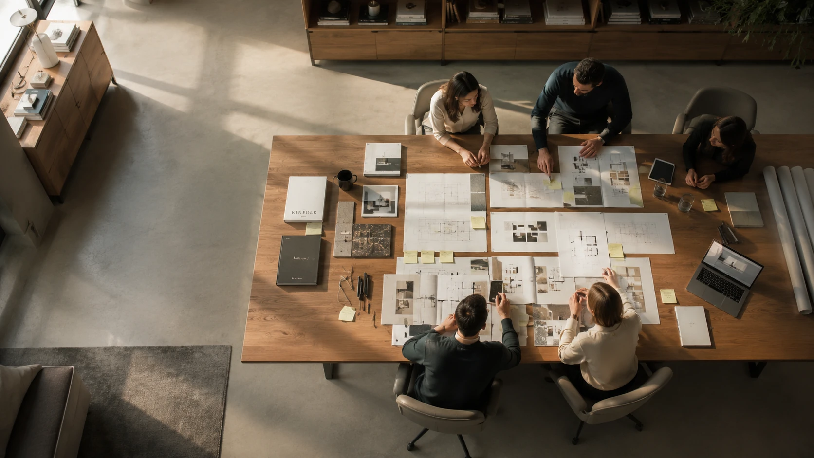 A project team working through plans and reference material around a large table
