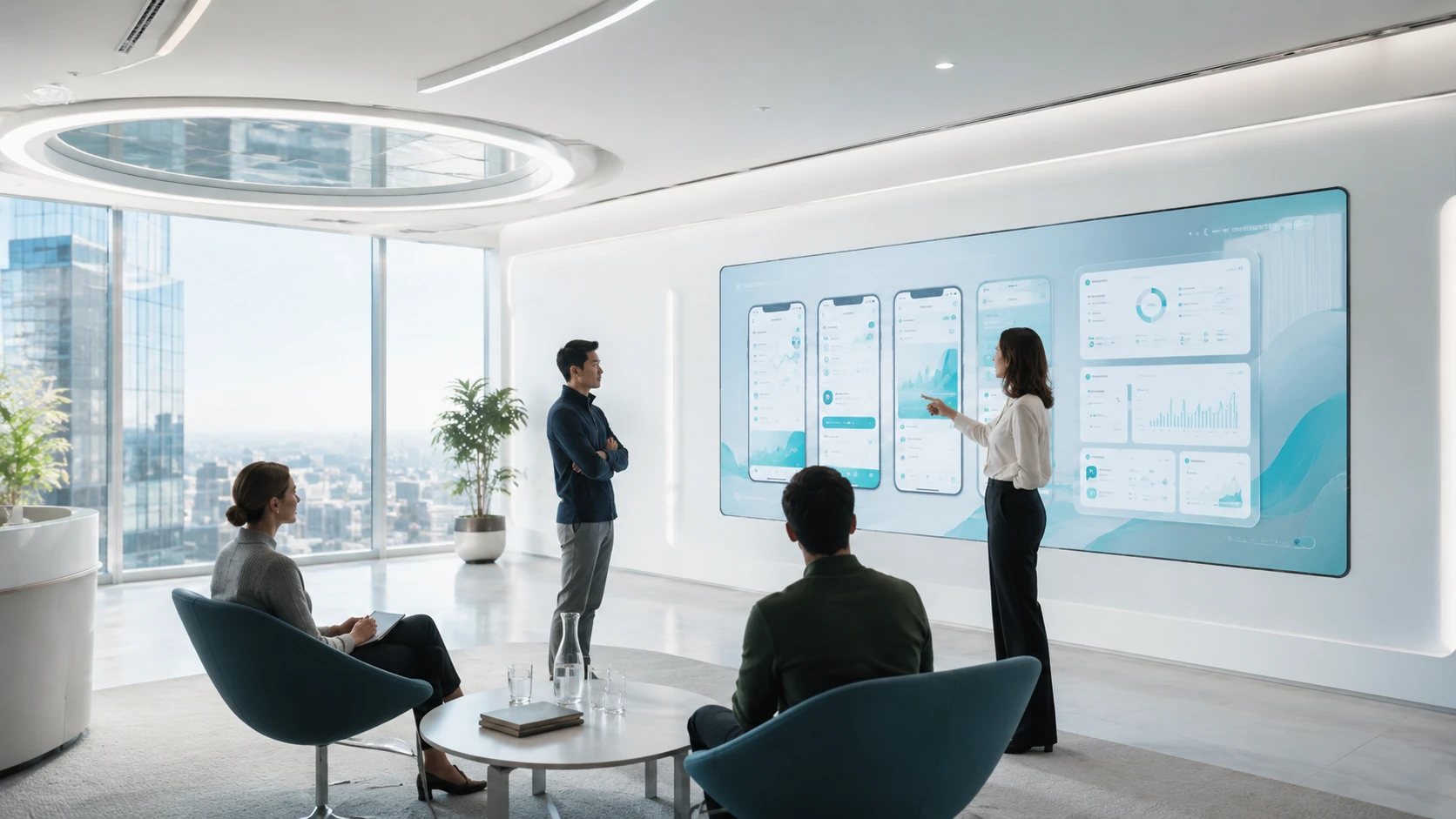 A product review session with application designs displayed on a large screen